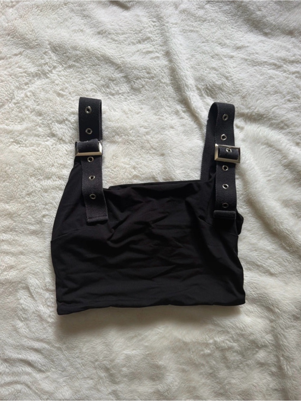 Tiger Mist Black Buckle-Strap Crop Top